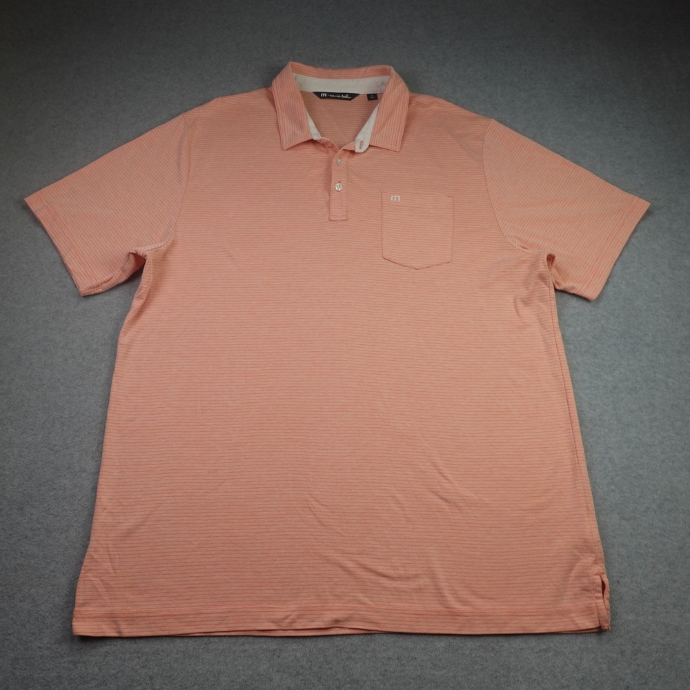 TravisMathew Polo Shirt Mens XL Orange Peach Striped Golf Short‎ Sleeve Pocket